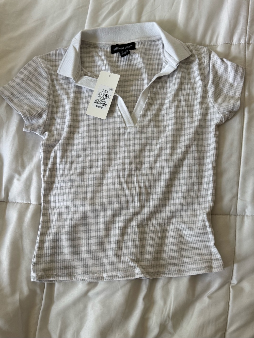 Streetwear Society White & Light Gray Striped Polo Crop Top sz L